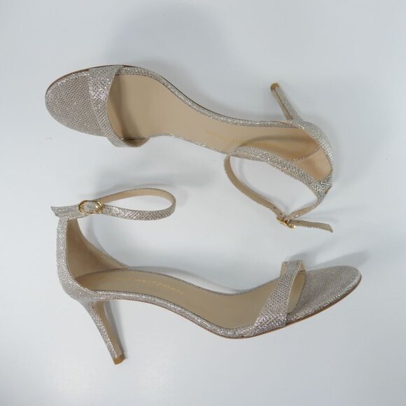 STUART WEITZMAN Nudist Heels Ankle Strap SANDALS Sz 9.5 Poudre Metallic NEW $525 - Picture 14 of 15